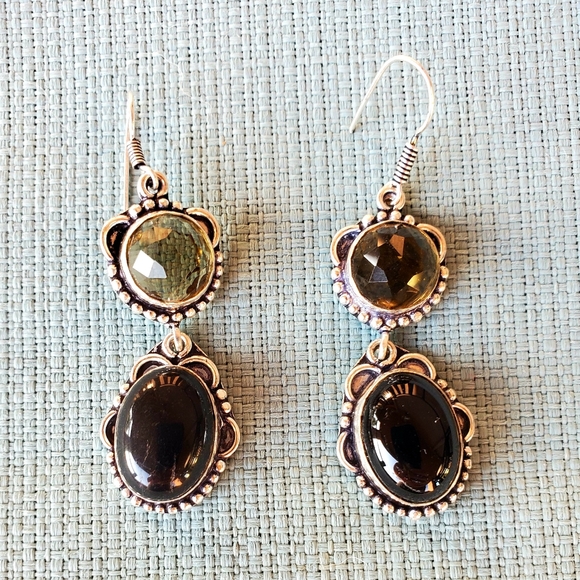 New Black Onyx and Peach Quartz Silver Earrings. - Picture 7 of 12